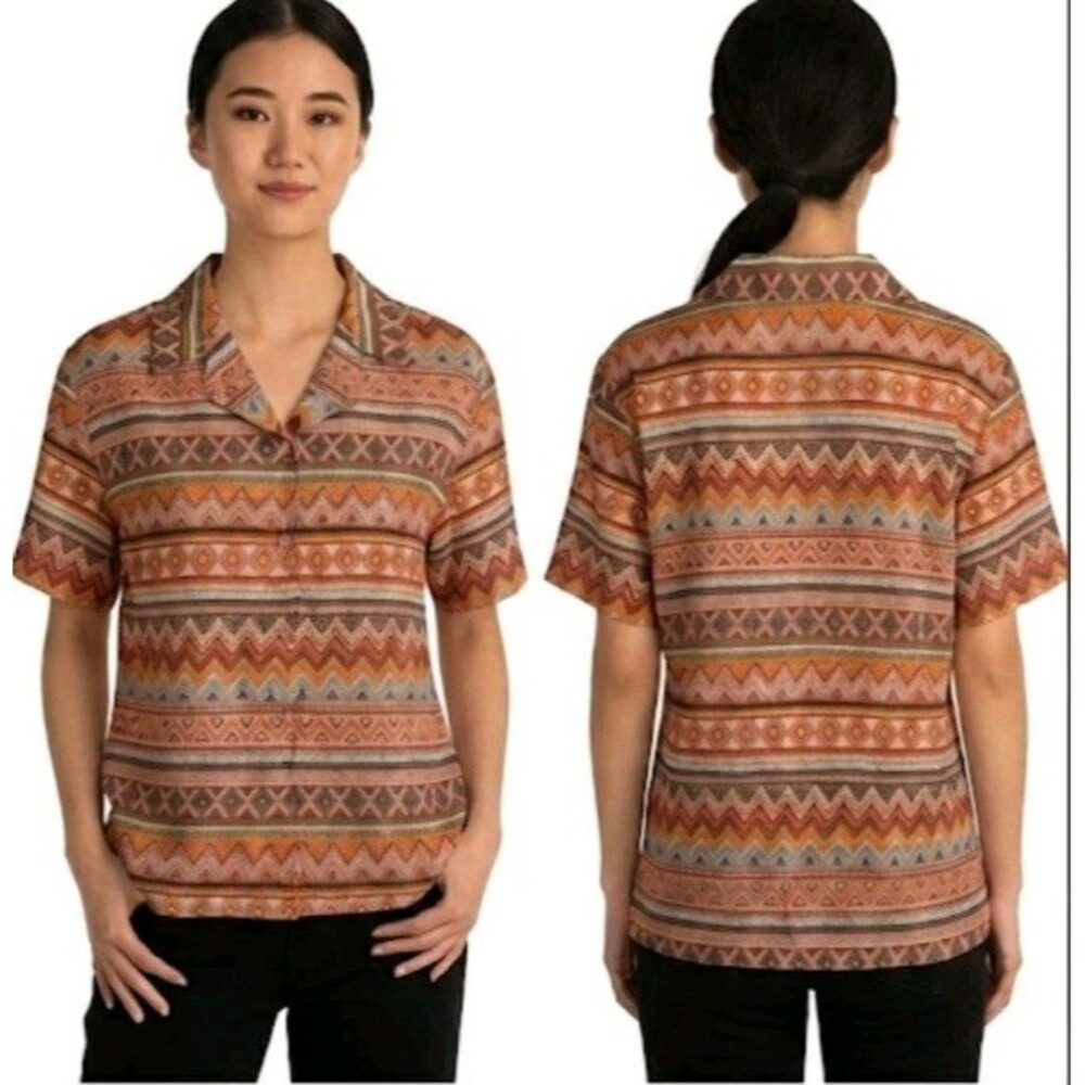 Stunt Blouse Size S Tribal Aztec Pattern Short Sleeve Button Silk